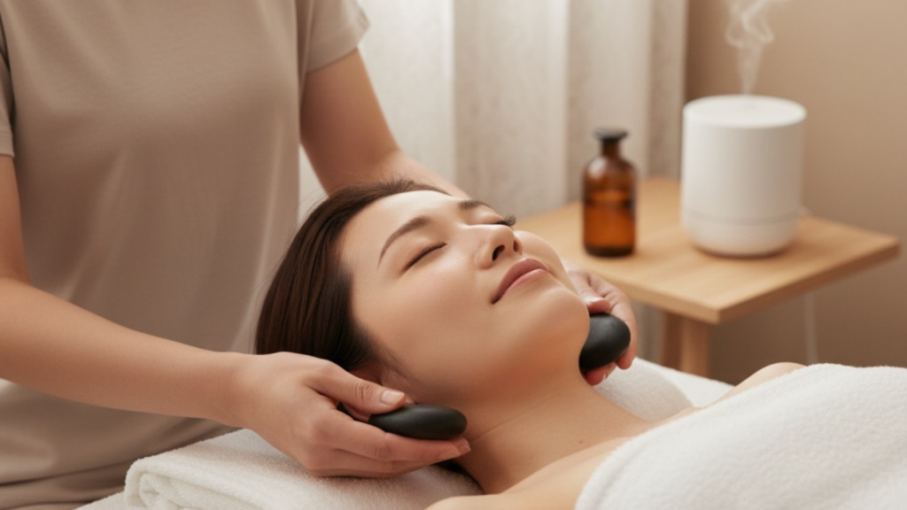 アロマドライヘッドスパサロンRomiere（ロミエル）船橋店のホットストーンのドライヘッドスパ