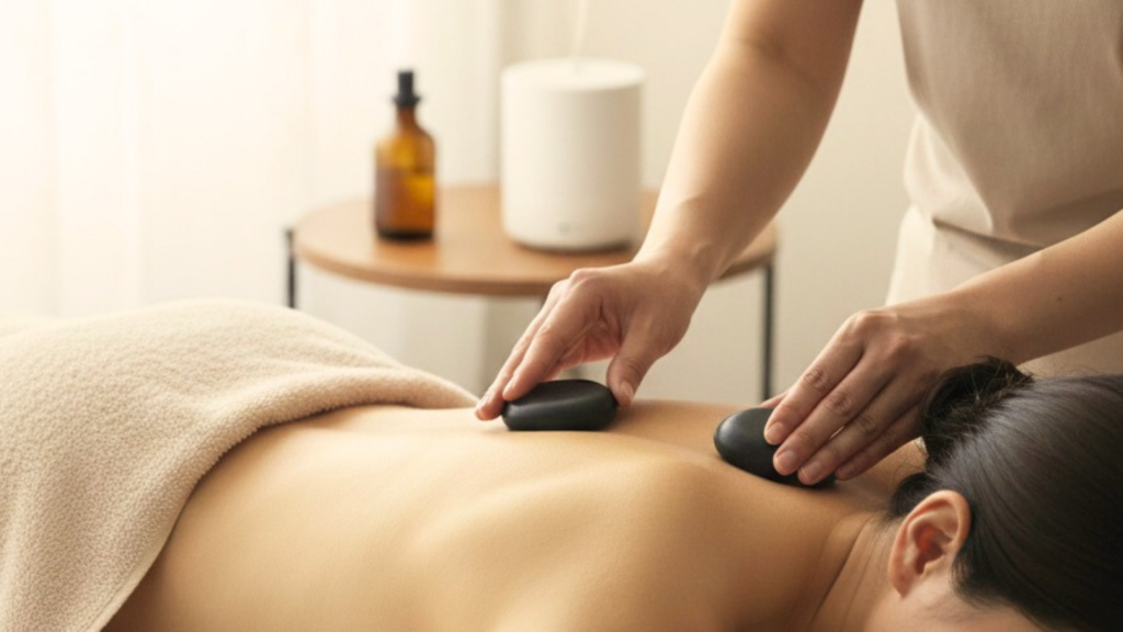 アロマドライヘッドスパサロンRomiere（ロミエル）船橋店のホットストーンのドライヘッドスパ